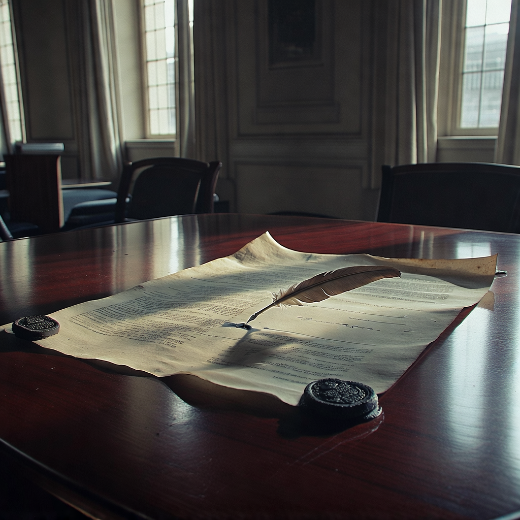 muted documentary photography, diplomatic setting, formal atmosphere, institutional gravitas, desaturated color palette, press photography style, 35mm film grain, natural lighting, professional photojournalism, A treaty laid across a polished mahogany table, its parchment yellowed at the edges and slightly buckled from humidity, quill pen resting mid-signature on the vellum, ink still wet and creeping into blank space where translation is missing, soft side light from tall institutional windows casting long shadows of unread seals and untranslated clauses, silence heavy in the air, dust suspended in golden-hour stillness, the room empty but for the weight of a decision deferred [Bria Fibo]