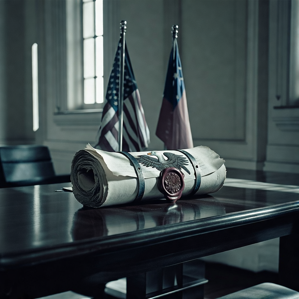 muted documentary photography, diplomatic setting, formal atmosphere, institutional gravitas, desaturated color palette, press photography style, 35mm film grain, natural lighting, professional photojournalism, a thick parchment treaty bound in oxidized steel straps and sealed with crimson wax emblazoned with a bald eagle and a chrysanthemum, resting on a dark oak table between two flagpoles bearing the U.S. and Taiwanese flags, side-lit by narrow vertical windows casting long institutional shadows, atmosphere of silent gravity and unspoken threat [Bria Fibo]