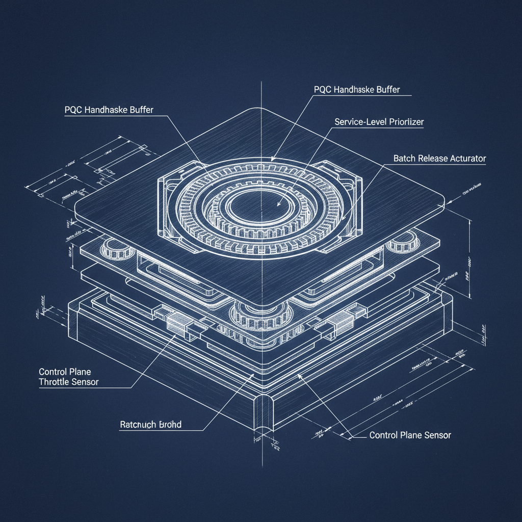 technical blueprint on blue paper, white precise lines, engineering annotations, 1950s aerospace, cutaway view of a multi-tiered scheduler core, forged from translucent silicon and etched steel, central processing hub with concentric rings of timed cryptographic queues, annotated with labeled pathways: 'PQC Handshake Buffer', 'Service-Level Prioritizer', 'Batch Release Actuator', 'Control Plane Throttle Sensor', overhead lighting from above casting sharp shadows of internal layers, clinical and precise atmosphere with floating annotation lines and clean negative space [Nano Banana]