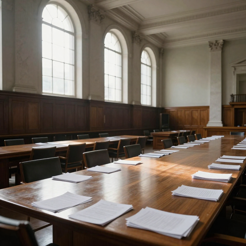 empty formal interior, natural lighting through tall windows, wood paneling, institutional architecture, sense of history and permanence, marble columns, high ceilings, formal furniture, muted palette, an empty committee chamber, polished rosewood table stretching into the distance, stacks of untouched white papers fanned like frozen hands, natural light slicing through tall, arched windows at a low diagonal, dust suspended in the air, atmosphere of suspended breath and unresolved tension [Z-Image Turbo]