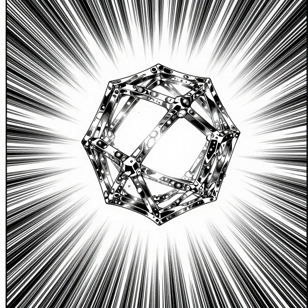 black and white manga panel, dramatic speed lines, Akira aesthetic, bold ink work, a self-unfolding quantum crystal lattice, iridescent fractal edges glowing with internal coherence, suspended in mid-transformation above an infinite void, speed lines bursting radially from its core, backlit by a sudden asymmetry of quantum light, atmosphere of silent, accelerating emergence [Z-Image Turbo]