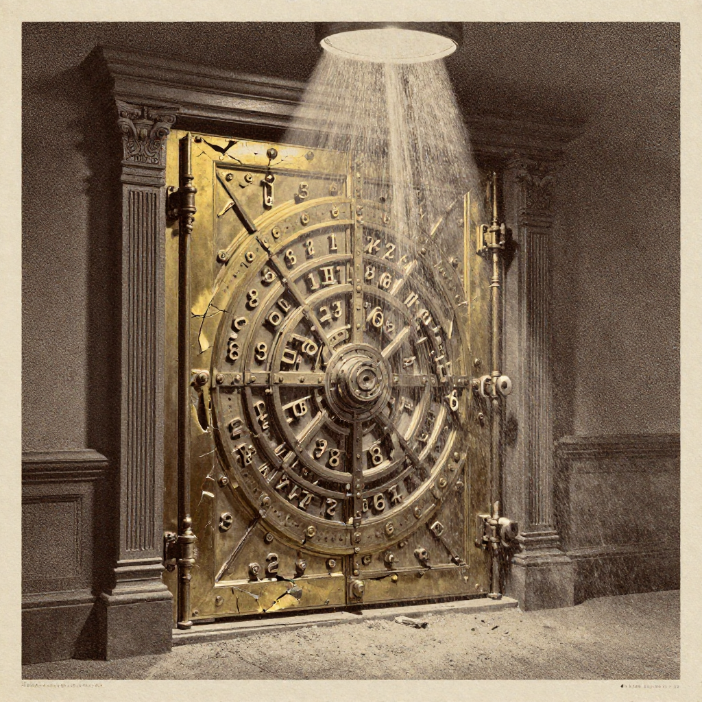 vintage Victorian newspaper photograph, sepia tone, aged paper texture, halftone dot printing, 1890s photojournalism, slight grain, archival quality, authentic period photography, a once-opulent vault door inscribed with interlocking prime numbers, its gilded surface now cracked and flaking into fine dust that spirals into the air like disintegrating code, lit by a cold beam of light slicing from above, atmosphere of silent collapse and irreversible exposure [Z-Image Turbo]