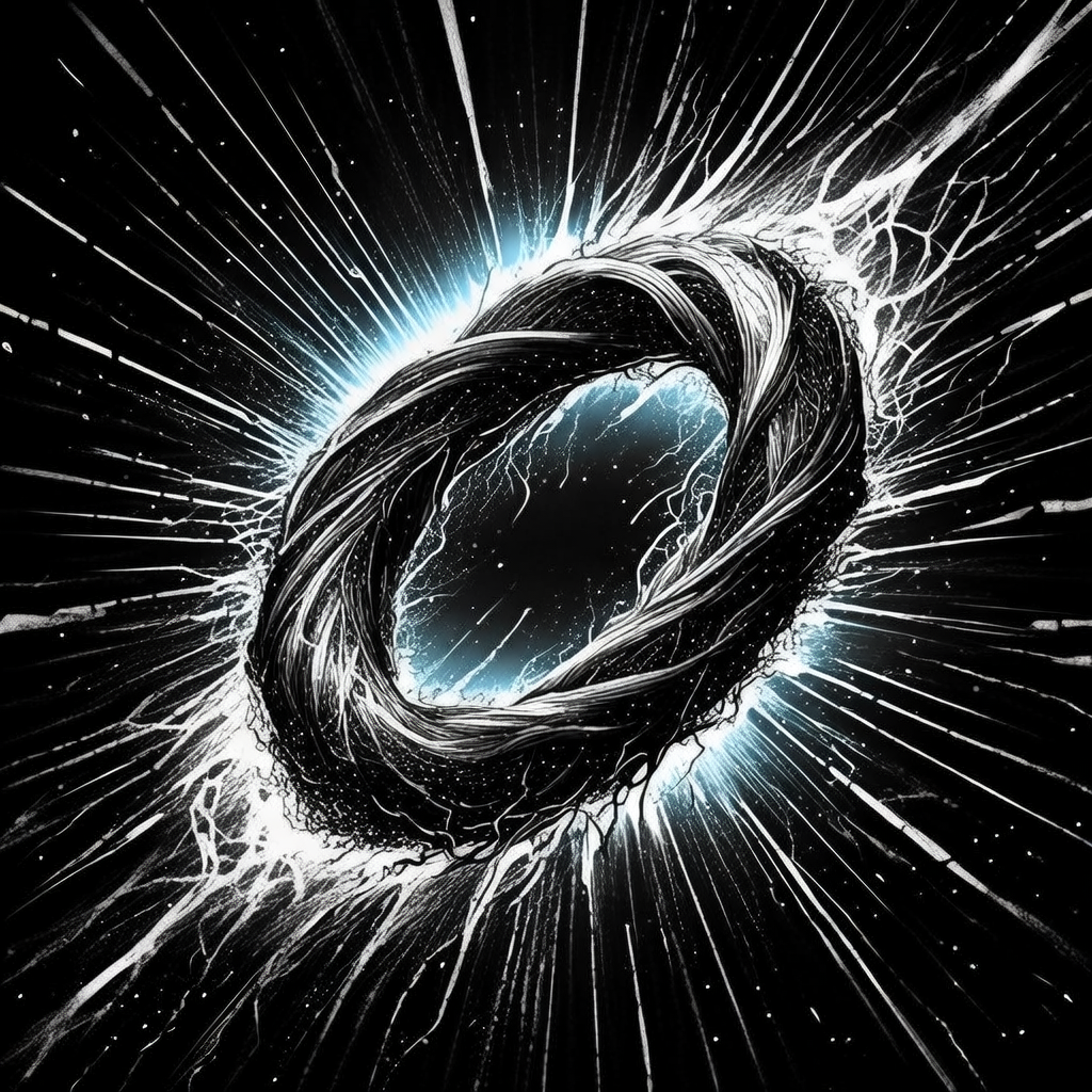 black and white manga panel, dramatic speed lines, Akira aesthetic, bold ink work, a self-forming elliptic loop, forged from shimmering dark matter threads and glowing quantum filaments, emerging from a silent vacuum, with speed lines of fractured light radiating outward, backlit by a sudden pulse of cold blue energy against infinite blackness [Bria Fibo]