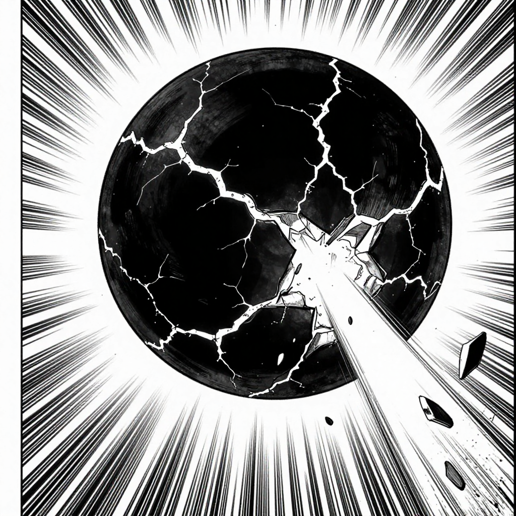 black and white manga panel, dramatic speed lines, Akira aesthetic, bold ink work, a massive obsidian-black vault sphere suspended in void, its surface fracturing along glowing quantum-blue fault lines that pulse outward like detonation waves, extreme close-up on the central rupture where light bleeds through, harsh directional light from within casting long shadows across the shards, atmosphere of irreversible breach and silent collapse [Z-Image Turbo]