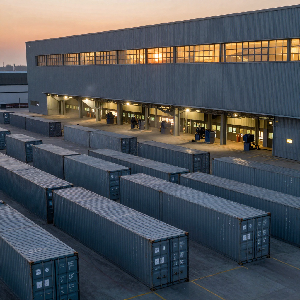 industrial scale photography, clean documentary style, infrastructure photography, muted industrial palette, systematic perspective, elevated vantage point, engineering photography, operational facilities, a massive customs inspection hall at dusk, rows of identical steel shipping containers sealed with glowing regulatory stamps, backlit by the low orange glow of a setting sun filtering through high industrial windows, the air thick with settling dust and quiet finality [Z-Image Turbo]