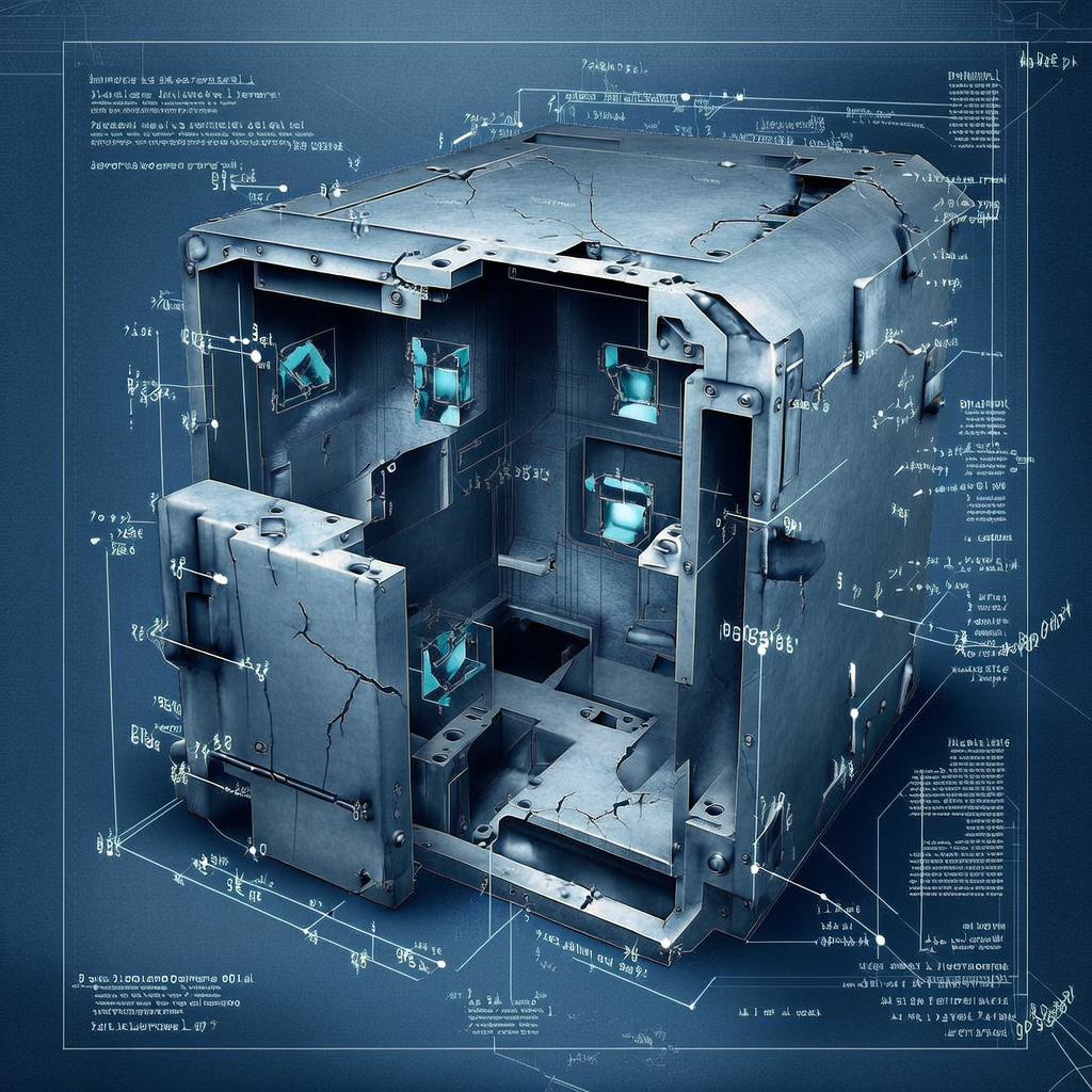 technical blueprint on blue paper, white precise lines, engineering annotations, 1950s aerospace, a cracked titanium security vault embedded with glowing cryptographic key matrices, sliced in precise cutaway to reveal hollowed trust enclaves and severed encryption conduits, annotated with labeled diagram lines pointing to compromised components, soft directional lighting from above highlighting internal fractures, sterile negative space surrounding the isolated mechanism [Bria Fibo]