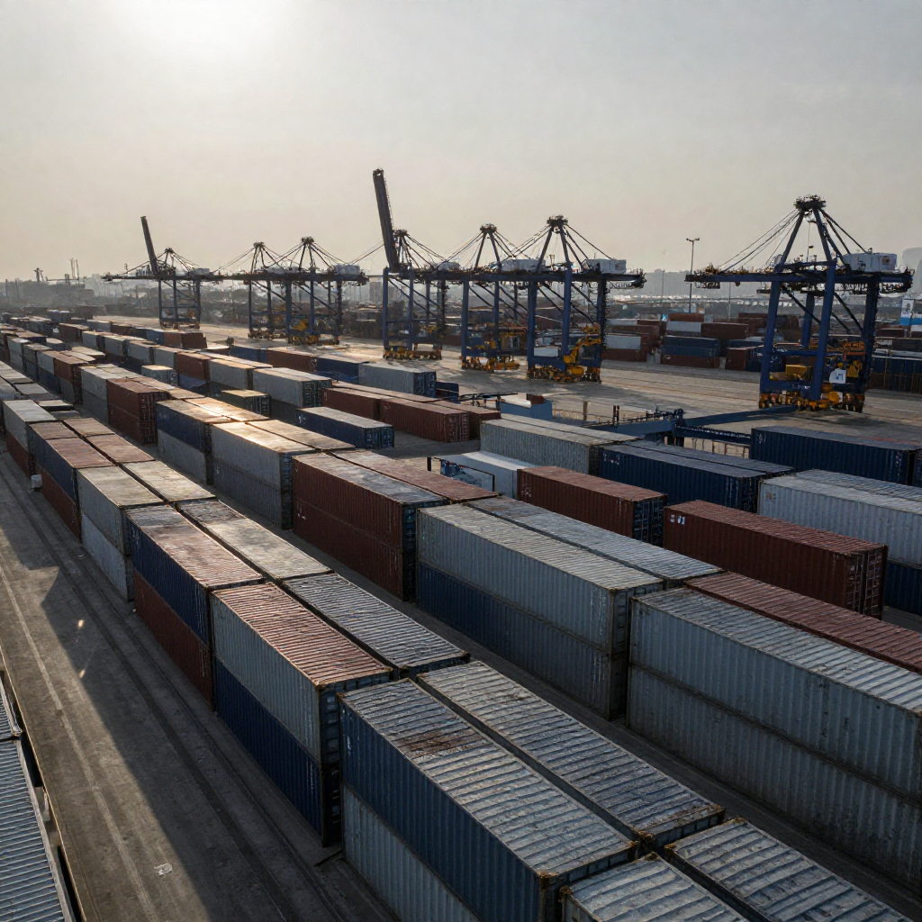 industrial scale photography, clean documentary style, infrastructure photography, muted industrial palette, systematic perspective, elevated vantage point, engineering photography, operational facilities, a vast container port at twilight,整齐排列的集装箱如金属迷宫般延伸至地平线，漆面斑驳泛着冷光，起重机臂影如监视线般交错，低角度侧光从西边斜照，长影切割地面如网格牢笼， atmosphere of quiet inevitability and systemic dominance [Z-Image Turbo]