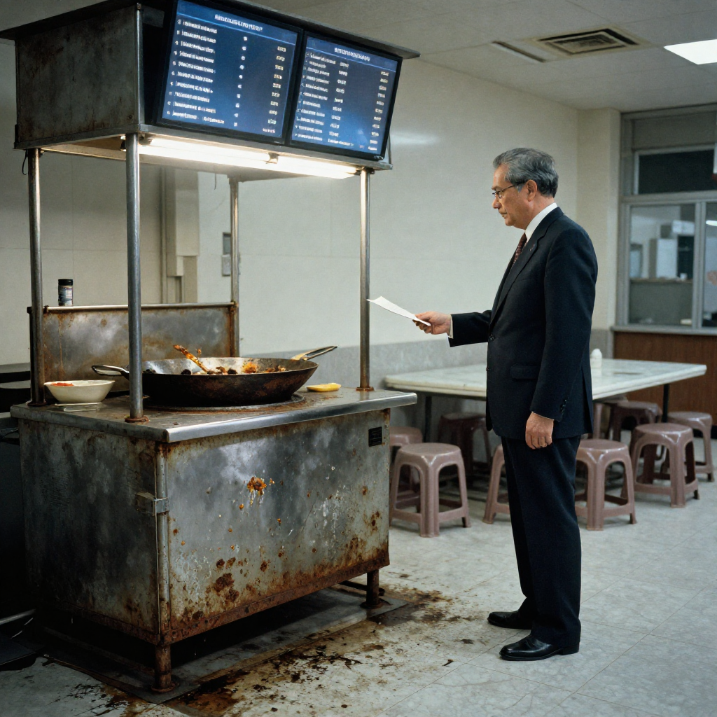 muted documentary photography, diplomatic setting, formal atmosphere, institutional gravitas, desaturated color palette, press photography style, 35mm film grain, natural lighting, professional photojournalism, a rusting wok station, pitted steel and dried soy crusts, lit from the side by cold blue LEDs of an overhead automated menu board, in a drained hawker stall; the floor cracked and grease-stained, behind a row of silent plastic stools; the atmosphere still, heavy, like a signed treaty left on a marble table [Z-Image Turbo]