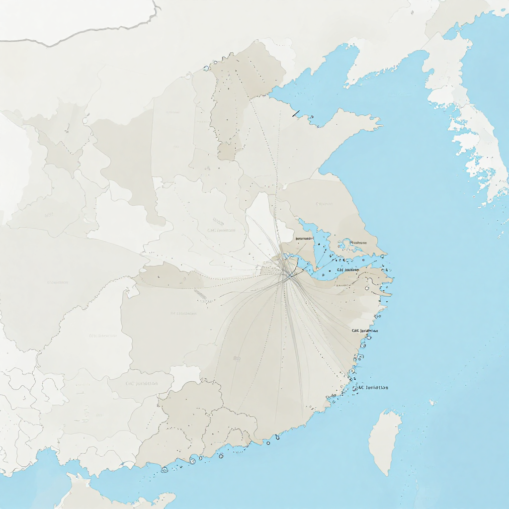 flat color political map, clean cartographic style, muted earth tones, no 3D effects, geographic clarity, professional map illustration, minimal ornamentation, clear typography, restrained color coding, flat 2D map of Hong Kong and southern China, clean vector lines, soft gradient dividing regions, one thick data corridor widening from Beijing to Guangzhou while multiple thin, fading routes diverge from Hong Kong toward international nodes; annotated with dotted boundary lines and subtle 'CAC Jurisdiction' labels creeping across the Pearl River Delta, overhead ambient lighting, tense but restrained atmosphere [Z-Image Turbo]