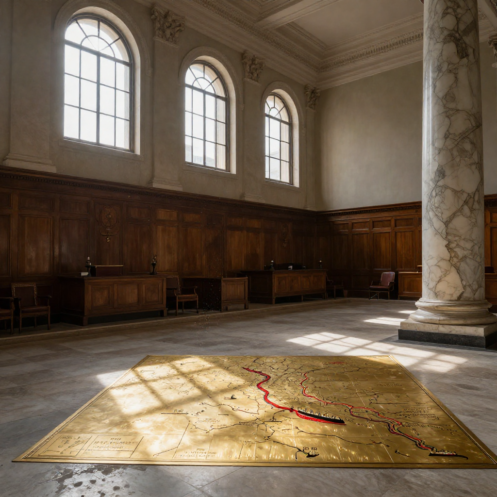 empty formal interior, natural lighting through tall windows, wood paneling, institutional architecture, sense of history and permanence, marble columns, high ceilings, formal furniture, muted palette, an ancient legislative chamber with marble columns and high arched windows, sunlight slanting diagonally across the floor to illuminate a large inlaid brass map of the Strait of Hormuz set into weathered stone, the waterways marked in red enamel and inscribed with tanker routes and toll figures, dust motes hanging in the still air, silence pressing down like weight [Z-Image Turbo]