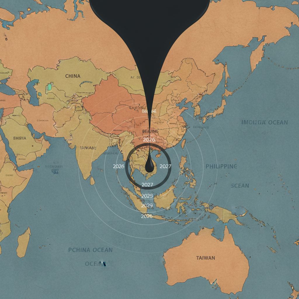 flat color political map, clean cartographic style, muted earth tones, no 3D effects, geographic clarity, professional map illustration, minimal ornamentation, clear typography, restrained color coding, a flat 2D political map of the Indo-Pacific region, printed on aged parchment with clean vector-style lines and minimal labeling, where a single drop of dark ink falls from above onto Beijing, spreading outward in faint concentric rings along maritime routes toward the South China Sea, Taiwan, and the Philippine coast, each ring annotated with a year from 2026 to 2035, the ink slightly blurred at the edges to show encroachment, lit evenly from above with a clinical, detached glow, the atmosphere quiet and inevitable [Nano Banana]
