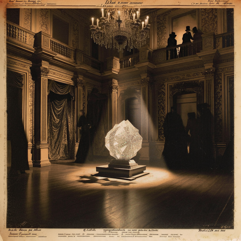 vintage Victorian newspaper photograph, sepia tone, aged paper texture, halftone dot printing, 1890s photojournalism, slight grain, archival quality, authentic period photography, grand, gilded ballroom with a central display of a shimmering, crystalline object under a focused spotlight, shadowy figures observing intently from opulent balconies and velvet-draped alcoves, dramatic chiaroscuro lighting from a central chandelier casting long, conspiratorial shadows, an atmosphere of tense, whispered speculation and concealed agendas. [bria/fibo/generate]