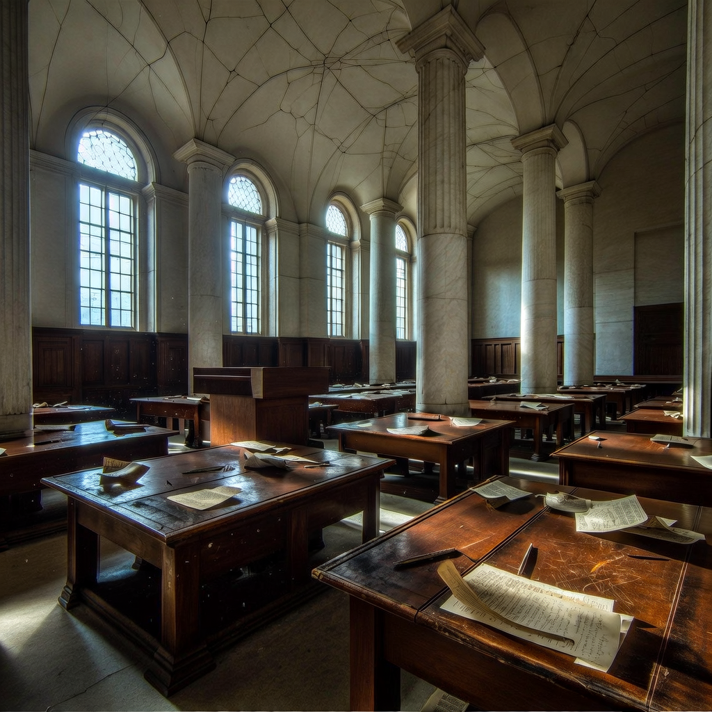 empty formal interior, natural lighting through tall windows, wood paneling, institutional architecture, sense of history and permanence, marble columns, high ceilings, formal furniture, muted palette, A vast, abandoned legislative chamber, mahogany tables scarred with ink stains and scattered with forgotten policy drafts, dust motes drifting in shafts of cold morning light from towering arched windows, cracked marble columns supporting a ceiling webbed with fine fissures, the air thick with silence and the weight of expired consensus [Bria Fibo]