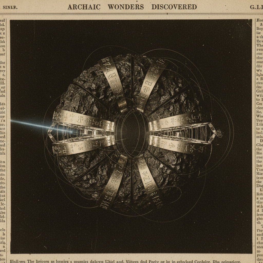 vintage Victorian newspaper photograph, sepia tone, aged paper texture, halftone dot printing, 1890s photojournalism, slight grain, archival quality, authentic period photography, A fractured toroidal monolith carved from layered obsidian and polished algebraic brass, its split edges revealing dual-gleaming surfaces that mirror one another across the fissure, lit from the left by a narrow blade of cold light casting long, recursive shadows, suspended in a silent, vacuum-black chamber where faint harmonic ripples distort the air—like unseen operators commuting in the dark. [Nano Banana]