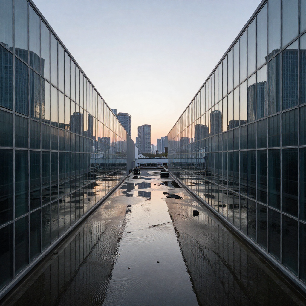 industrial scale photography, clean documentary style, infrastructure photography, muted industrial palette, systematic perspective, elevated vantage point, engineering photography, operational facilities, a vast mirrored arcade stretching into the horizon, its glass façades perfectly reflecting an upside-down cityscape of gleaming towers, the reflections fractured by slow ripples in the shallow water flooding the concourse, backlit by a cold dawn glow from below the skyline, atmosphere of eerie stillness and suspended disbelief [Z-Image Turbo]