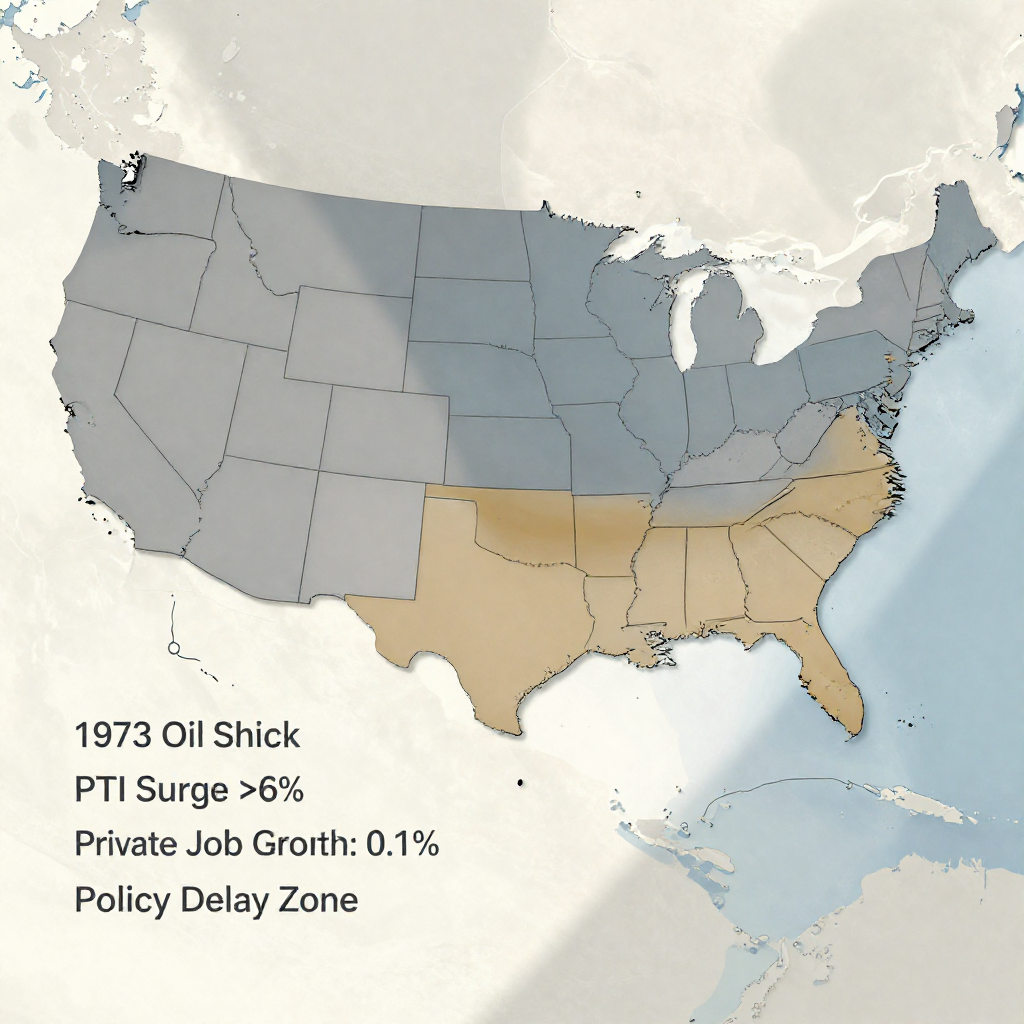 flat color political map, clean cartographic style, muted earth tones, no 3D effects, geographic clarity, professional map illustration, minimal ornamentation, clear typography, restrained color coding, flat 2D economic map of the continental United States, clean vector lines, muted regional shading in gray-blue tones, a semi-transparent amber wavefront advancing from the industrial Midwest toward the coasts, subtle annotation lines marking '1973 Oil Shock', 'PPI Surge >6%', 'Private Job Growth: 0.1%', and 'Policy Delay Zone', overhead lighting casting soft shadows on the page texture, atmosphere of quiet inevitability and overlooked thresholds [Z-Image Turbo]