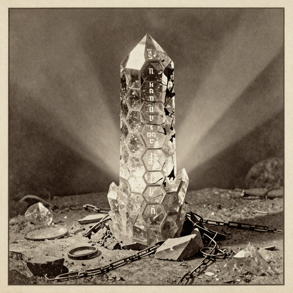 vintage Victorian newspaper photograph, sepia tone, aged paper texture, halftone dot printing, 1890s photojournalism, slight grain, archival quality, authentic period photography, a towering crystalline lock embedded in fractured stone ground, its core woven from hexagonal lattices and glowing BLS signature runes, one half polished and radiant, the other cracked and darkened like shattered glass, side-lit by a cold beam slicing through fog, the air still and charged with latent energy, remnants of broken elliptic curve chains scattered at its base [Z-Image Turbo]