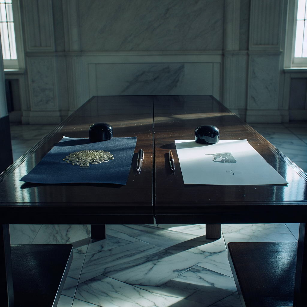 muted documentary photography, diplomatic setting, formal atmosphere, institutional gravitas, desaturated color palette, press photography style, 35mm film grain, natural lighting, professional photojournalism, A long lacquered oak table split down the center with a hairline fracture, one side bearing the gold-embossed Keidanren chrysanthemum seal on dark indigo parchment, the other side stamped with Elliott’s minimalist silver bull logo on crisp white vellum, both documents pinned beneath polished obsidian paperweights; side-lit by narrow shafts of cold morning light from high institutional windows, casting elongated shadows across marble inlays; the air still and heavy with silence, dust suspended in the beams, two unused fountain pens aligned at perfect distance—evoking the tense, formal truce of a corporate summit with national economic identity at stake. [Bria Fibo]