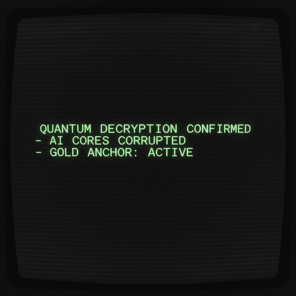 full screen view of monochrome green phosphor CRT terminal display, command line interface filling entire frame, heavy scanlines across black background, authentic 1970s computer terminal readout, VT100 style, green text on black, phosphor glow, screen curvature at edges, "QUANTUM DECRYPTION CONFIRMED - AI CORES CORRUPTED - GOLD ANCHOR: ACTIVE", monospace green text glowing faintly on deep black background, text slightly blurred as if overheating, cold and sterile lighting from screen plane, atmosphere of silent, automated catastrophe [Nano Banana]