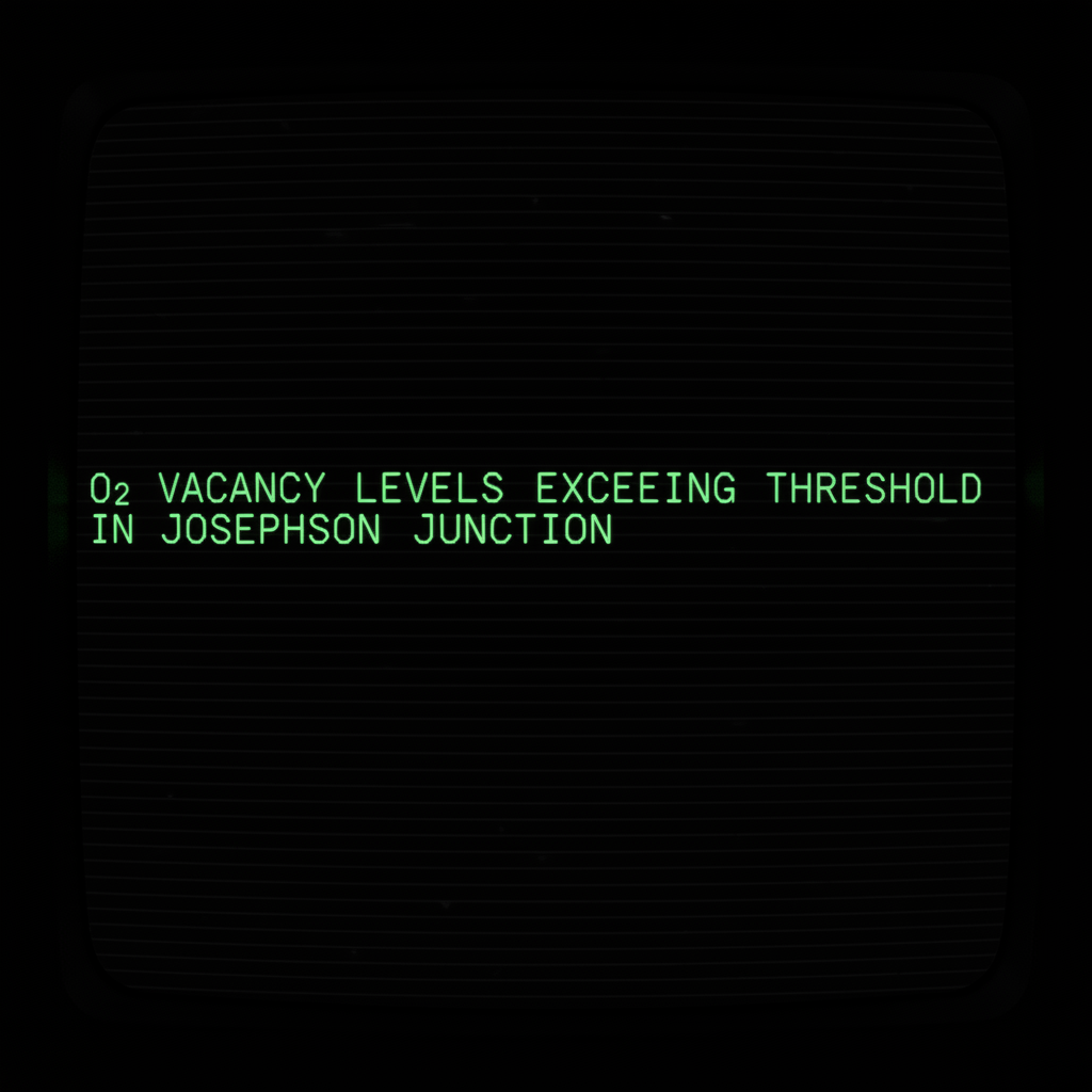 full screen view of monochrome green phosphor CRT terminal display, command line interface filling entire frame, heavy scanlines across black background, authentic 1970s computer terminal readout, VT100 style, green text on black, phosphor glow, screen curvature at edges, A single terminal screen centered in darkness, black background absorbing all depth, displaying glowing green monospace text; "O2 VACANCY LEVELS EXCEEDING THRESHOLD IN JOSEPHSON JUNCTION" pulses faintly with a sickly rhythm, as if struggling to maintain coherence; ambient silence implied by the starkness, light cast only by the dimly flickering characters, each pixel perfectly aligned but subtly unstable [Nano Banana]
