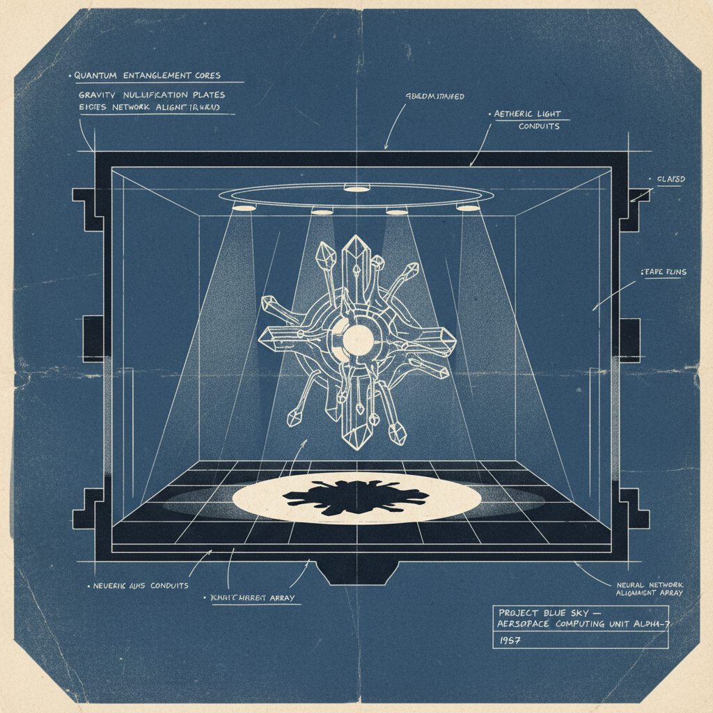 technical blueprint on blue paper, white precise lines, engineering annotations, 1950s aerospace, A cavernous, sterile quantum computing lab centered on a floating, crystalline core structure that resembles a neural network, with ethereal light pulsing along its connections, harsh directional downlighting from the ceiling creating sharp reflections on polished black floors and casting long, distorted shadows, an atmosphere of profound scientific discovery and latent power. [fal-ai/nano-banana]