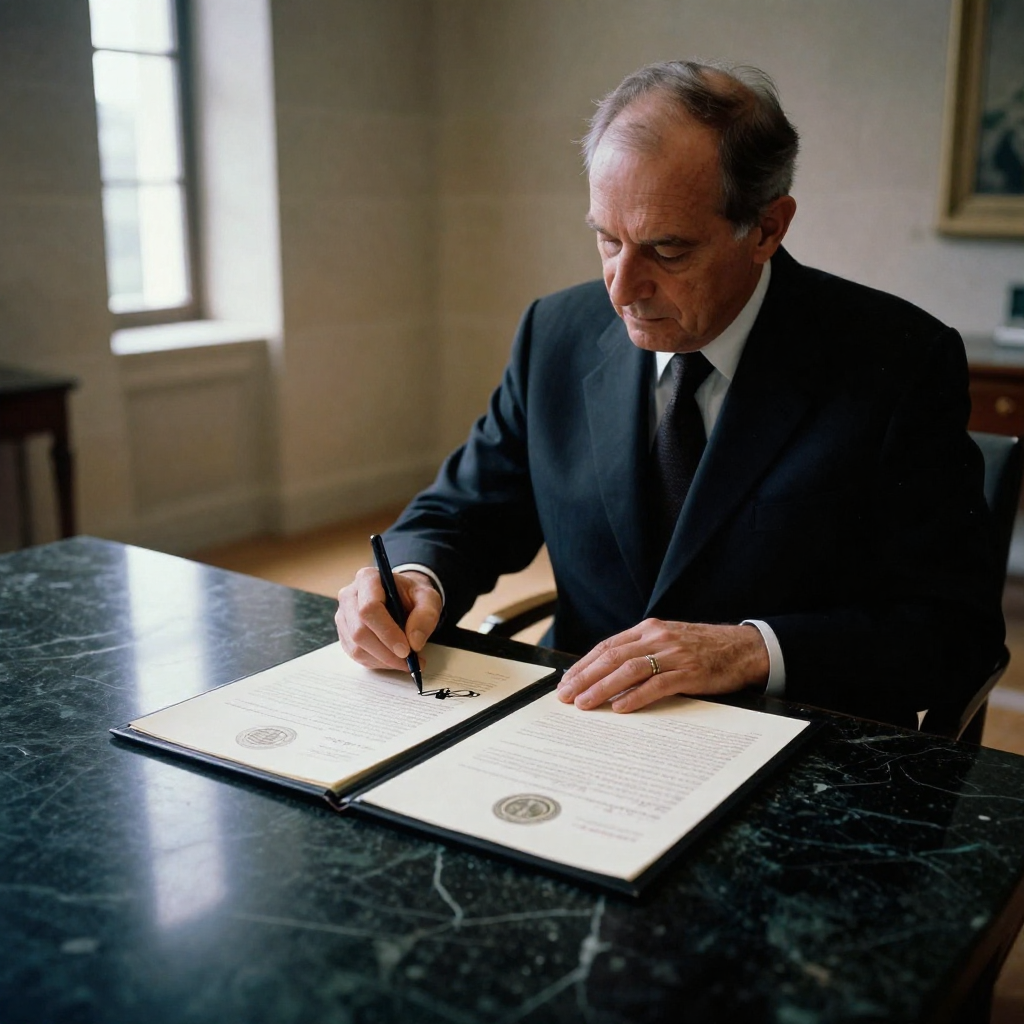 muted documentary photography, diplomatic setting, formal atmosphere, institutional gravitas, desaturated color palette, press photography style, 35mm film grain, natural lighting, professional photojournalism, a half-signed treaty on a polished black marble table, parchment with embossed national seals and ink still wet in the final stroke, side-lit by narrow windows in a stone chamber, atmosphere of restrained tension under a muted palette of slate, ochre, and charcoal [Z-Image Turbo]