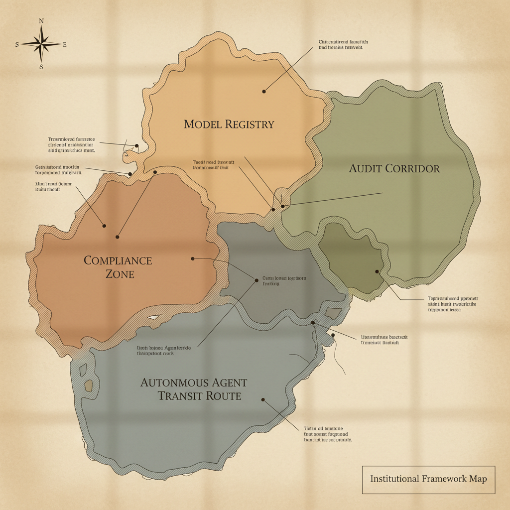 flat color political map, clean cartographic style, muted earth tones, no 3D effects, geographic clarity, professional map illustration, minimal ornamentation, clear typography, restrained color coding, flat 2D schematic map, inked lines on parchment-toned vellum, north-oriented with delicate annotation lines branching like neural pathways, soft ochre区分 regions labeled 'Model Registry,' 'Audit Corridor,' 'Compliance Zone,' and 'Autonomous Agent Transit Route,' fine crosshatching indicating jurisdictional boundaries, overhead lighting casting faint grid-like shadows, atmosphere of quiet precision and institutional order [Nano Banana]