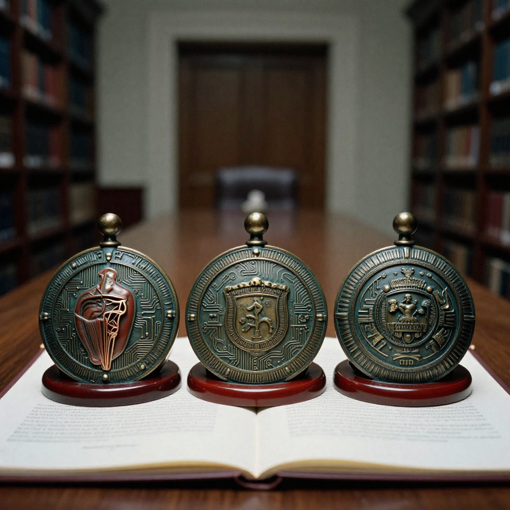 muted documentary photography, diplomatic setting, formal atmosphere, institutional gravitas, desaturated color palette, press photography style, 35mm film grain, natural lighting, professional photojournalism, three interlocking ceremonial seals in weathered bronze and crimson lacquer, resting on a parchment-bound treaty under side-lit chiaroscuro, the surfaces etched with microcircuitry, anatomical cross-sections, and academic crests, arranged in solemn symmetry, the atmosphere hushed and vaulted like a state archive [Z-Image Turbo]