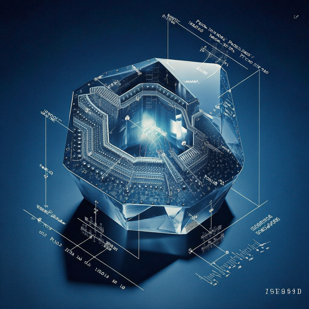 technical blueprint on blue paper, white precise lines, engineering annotations, 1950s aerospace, Fractured quartz-like crystal with internal photonic pathways visible in precise cutaway, layers revealing embedded waveguides and quantum dots, single-photon emitters labeled along branching optical circuits, polarization modulators marked with angular calibration scales, annotation lines pointing to secured channel outputs and tamper-detection circuits, soft glow of entangled photon pairs pulsing within core — all set against infinite negative space, top-down lighting creating sharp shadows, atmosphere of silent technological vigilance [Bria Fibo]
