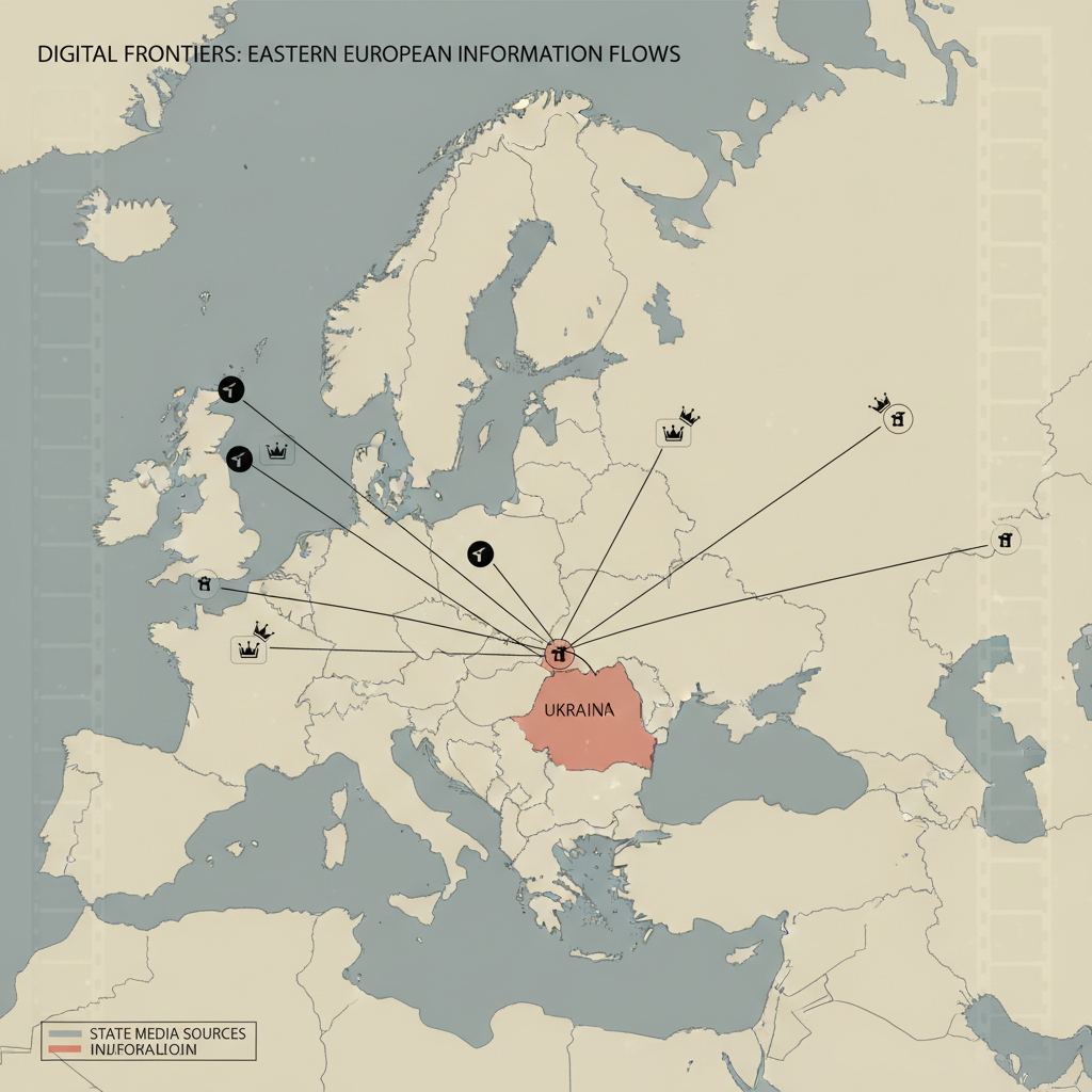 flat color political map, clean cartographic style, muted earth tones, no 3D effects, geographic clarity, professional map illustration, minimal ornamentation, clear typography, restrained color coding, Flat 2D map of Eastern Europe with clean, minimalist borders, showing Russia, Ukraine, and parts of Belarus and the Baltic states; subtle gradient coloring distinguishes influence zones—cool gray for state media sources, warm red for high-density meme propagation hubs. Thin, hand-drawn-style lines radiate from Telegram logo nodes in the periphery toward Moscow and occupied territories, annotated with small icons of crowns (tsar-savior motif) and marionette strings (puppet framing); some lines merge and thicken as they approach central nodes, symbolizing absorption into official media. A faint overlay of vintage filmstrip texture echoes 1930s propaganda reels, grounding the digital in historical precedent. Northern lighting casts soft ink-line shadows, creating a clinical yet ominous cartographic atmosphere. [Nano Banana]