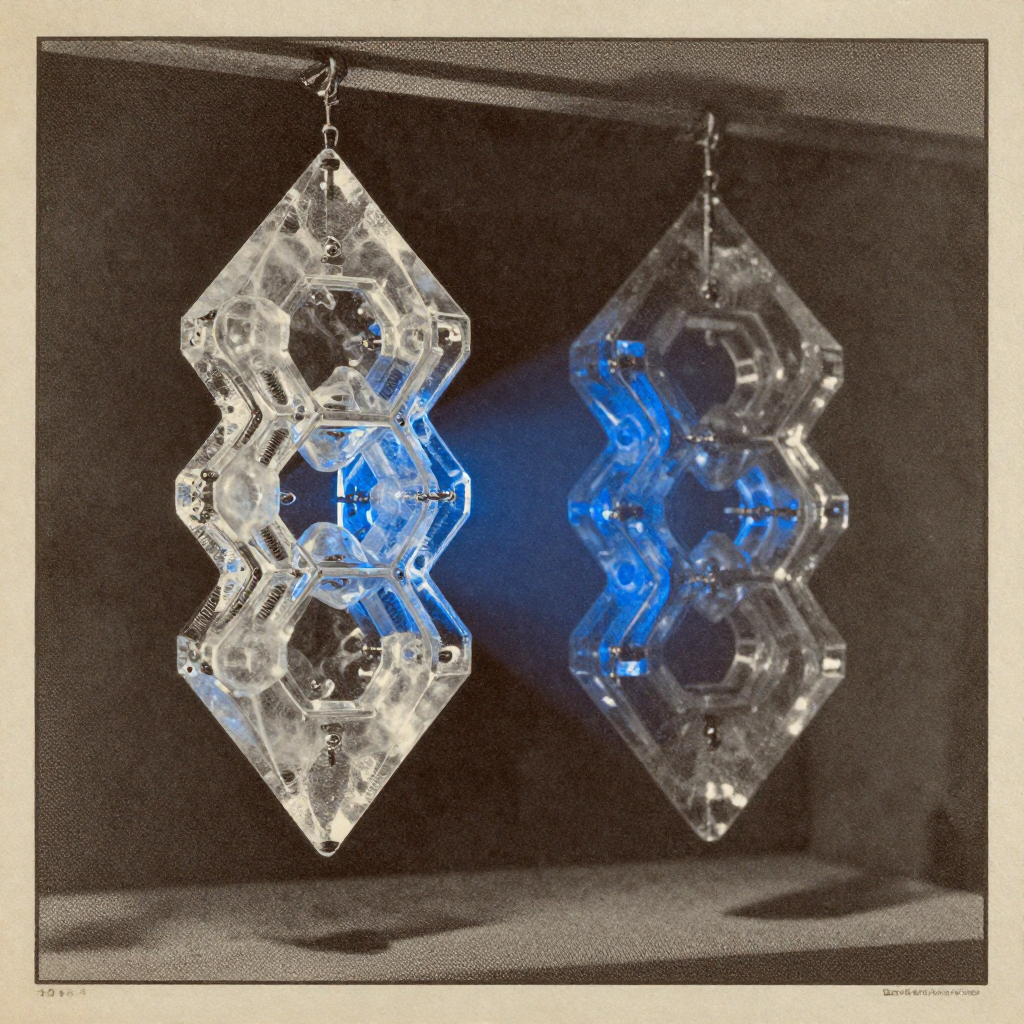 vintage Victorian newspaper photograph, sepia tone, aged paper texture, halftone dot printing, 1890s photojournalism, slight grain, archival quality, authentic period photography, A suspended crystalline lattice half-formed of shimmering hydrogen vapor, its structure fluid and incomplete, reflecting into a solid argon-like counterpart made of dense, geometric ice-metal; the reflection is not optical but structural—each shift in the vapor is instantly corrected to match the rigid form, joints tightening like muscle fibers under autonomous tension; lit from the side by a narrow beam of cobalt-blue light casting sharp, mechanical shadows; atmosphere of silent precision, charged stillness, and latent transformation [Z-Image Turbo]