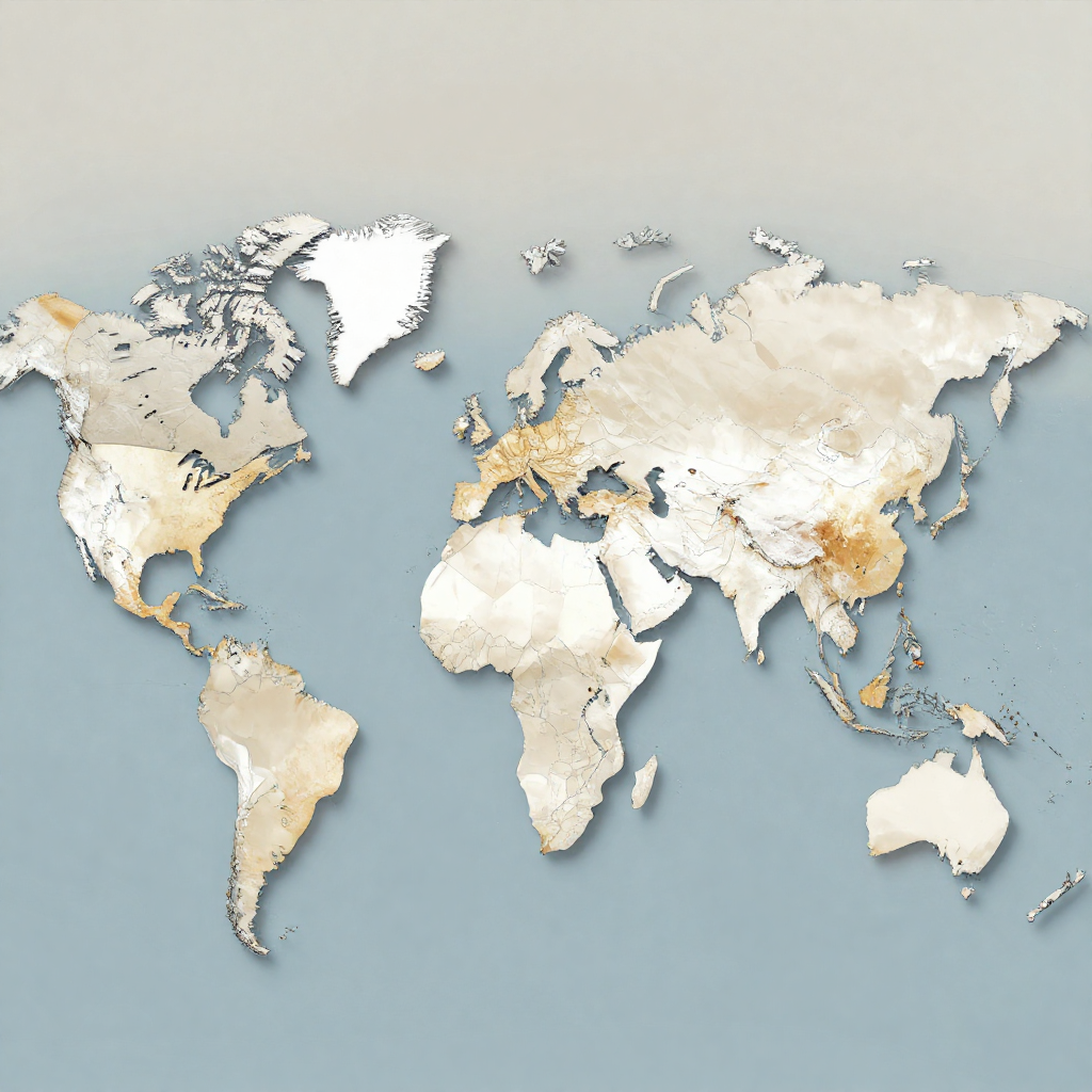 flat color political map, clean cartographic style, muted earth tones, no 3D effects, geographic clarity, professional map illustration, minimal ornamentation, clear typography, restrained color coding, flat 2D world political map, inked lines cracking and lifting at borders like peeling varnish, major trade routes fading into dotted lines and dissolving at edges, cold blue-gray coloration with isolated patches of amber fading to white, top-down lighting creating sharp but brittle shadows, atmosphere of quiet unraveling and systemic stillness [Z-Image Turbo]