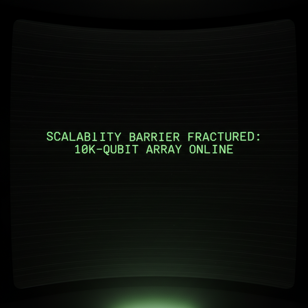 full screen view of monochrome green phosphor CRT terminal display, command line interface filling entire frame, heavy scanlines across black background, authentic 1970s computer terminal readout, VT100 style, green text on black, phosphor glow, screen curvature at edges, "SCALABILITY BARRIER FRACTURED: 10K-QUBIT ARRAY ONLINE", monospaced green text glowing faintly with afterimage trail, centered on terminal screen, stark black background, dim ambient glow from below, atmosphere of quiet technological inevitability [Nano Banana]