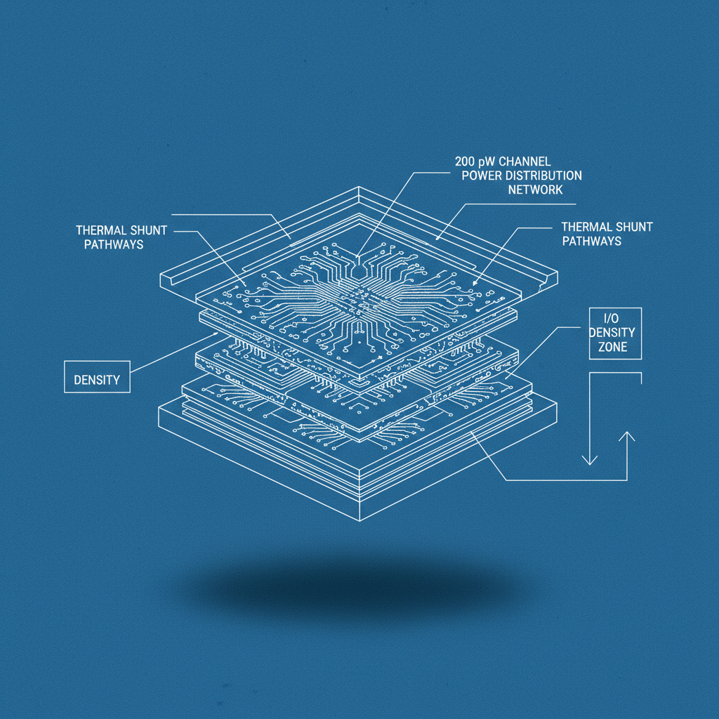 technical blueprint on blue paper, white precise lines, engineering annotations, 1950s aerospace, cutaway diagram of a cryoCMOS RF multiplexer, silicon and niobium layers etched in microscopic detail, cross-section revealing ultra-thin dielectric isolators and superconducting traces, annotation lines pointing to power distribution network labeled '200 pW channel', thermal shunt pathways, and I/O density zone, light from below casting sharp silhouettes of nested circuit tiers, clean white negative space surrounding the floating technical illustration [Nano Banana]