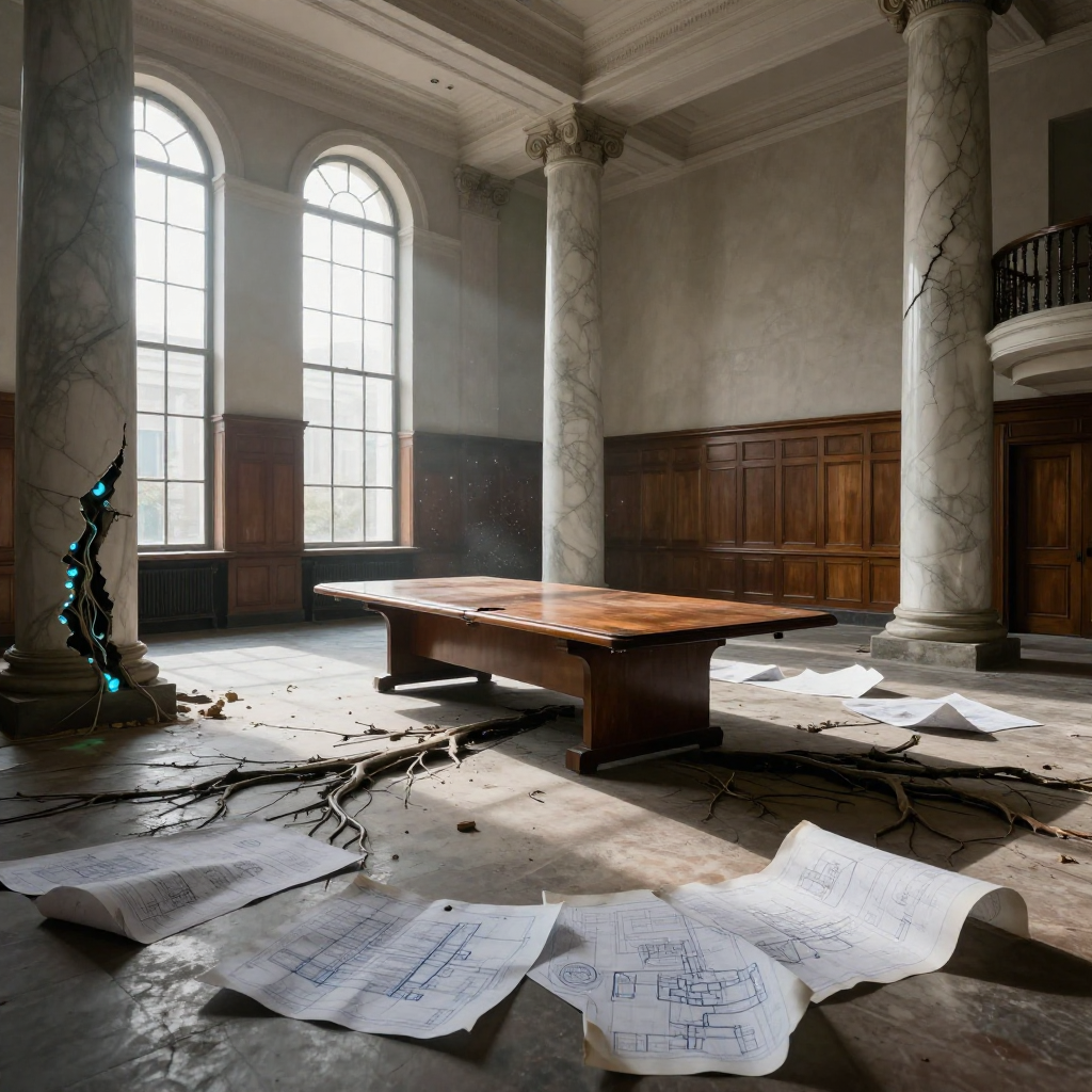 empty formal interior, natural lighting through tall windows, wood paneling, institutional architecture, sense of history and permanence, marble columns, high ceilings, formal furniture, muted palette, an abandoned corporate boardroom, mahogany table cracked and upended, sunlight streaming through tall arched windows illuminating dust motes, steel support columns fractured with glowing bioluminescent root-like circuits burrowing through the floor and walls, faded blueprints scattered across the floor curling at the edges, atmosphere of quiet metamorphosis [Z-Image Turbo]