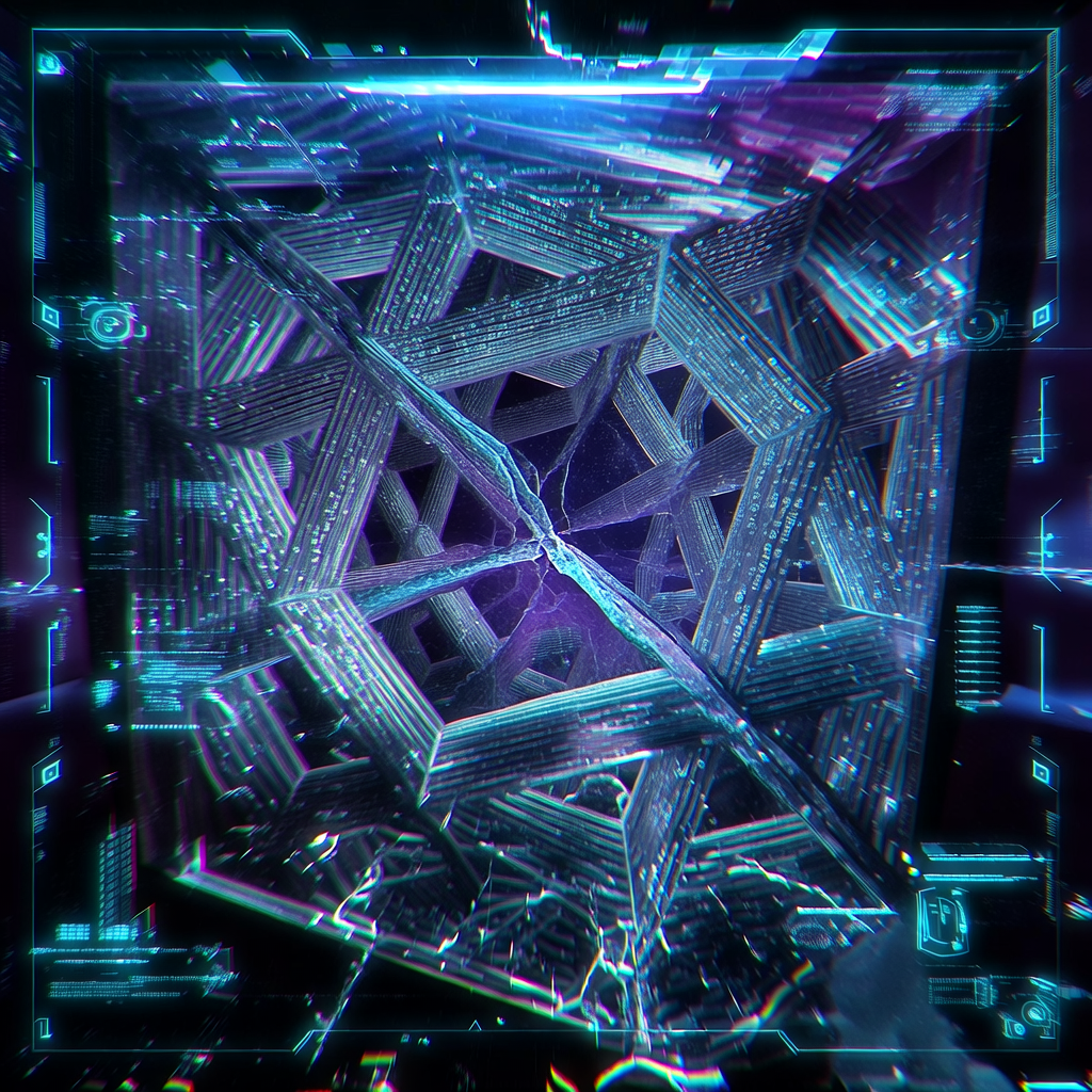 first-person view through futuristic HUD interface filling entire screen, transparent holographic overlays, neon blue UI elements, sci-fi heads-up display, digital glitch artifacts, RGB chromatic aberration, data corruption visual effects, immersive POV interface aesthetic, Fracturing lattice vault, forged from iridescent crystalline code strands in precise geometric tension, viewed through a translucent black HUD interface with angular data glyphs glowing faintly along the edges, a central crack propagating in slow motion as new elliptic patterns pulse beneath like growing veins, cold blue light from above highlighting stress fractures, atmosphere of controlled collapse and imminent transformation [Bria Fibo]