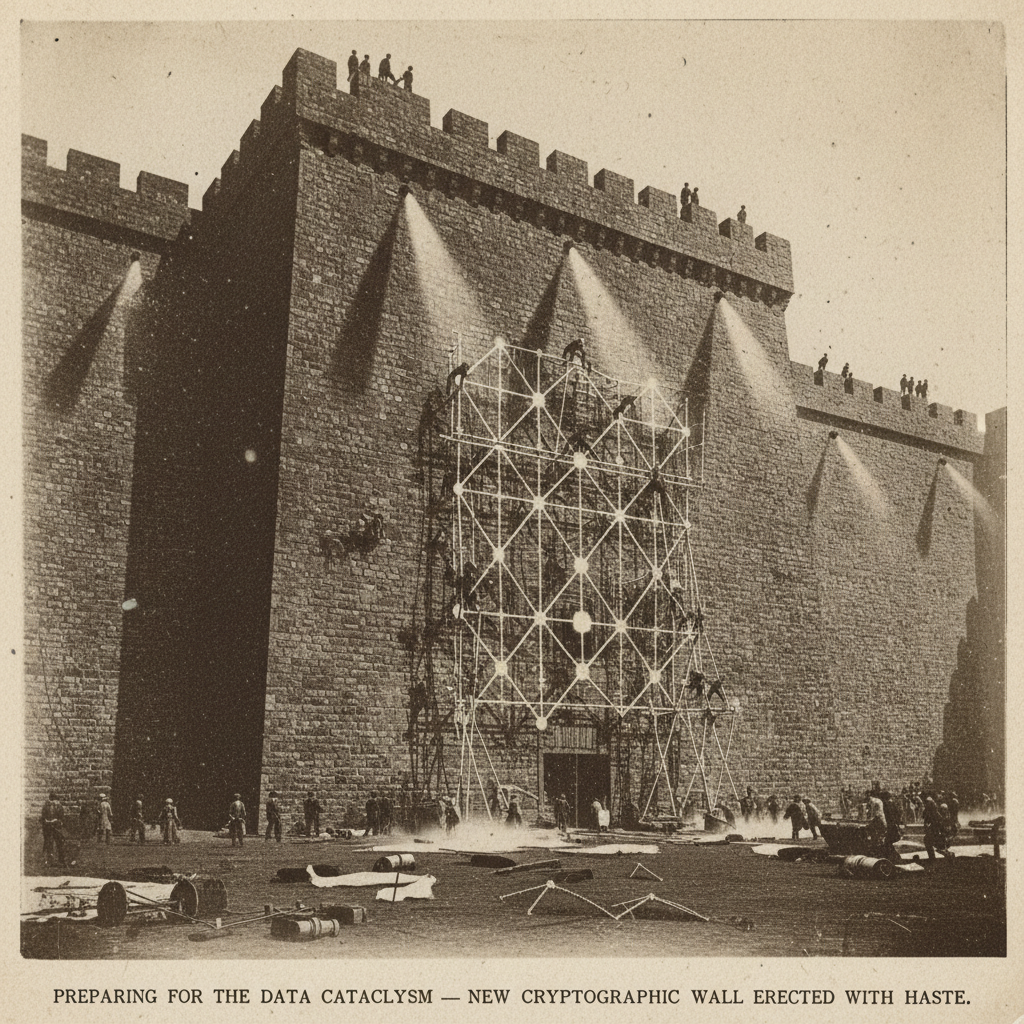 vintage Victorian newspaper photograph, sepia tone, aged paper texture, halftone dot printing, 1890s photojournalism, slight grain, archival quality, authentic period photography, a massive, dark data fortress wall under construction, with glowing lattice-like cryptographic scaffolding being hastily erected against its surface, harsh emergency spotlights from above casting long, frantic shadows of engineers, atmosphere of urgent preparation against an unseen impending threat [fal-ai/nano-banana]