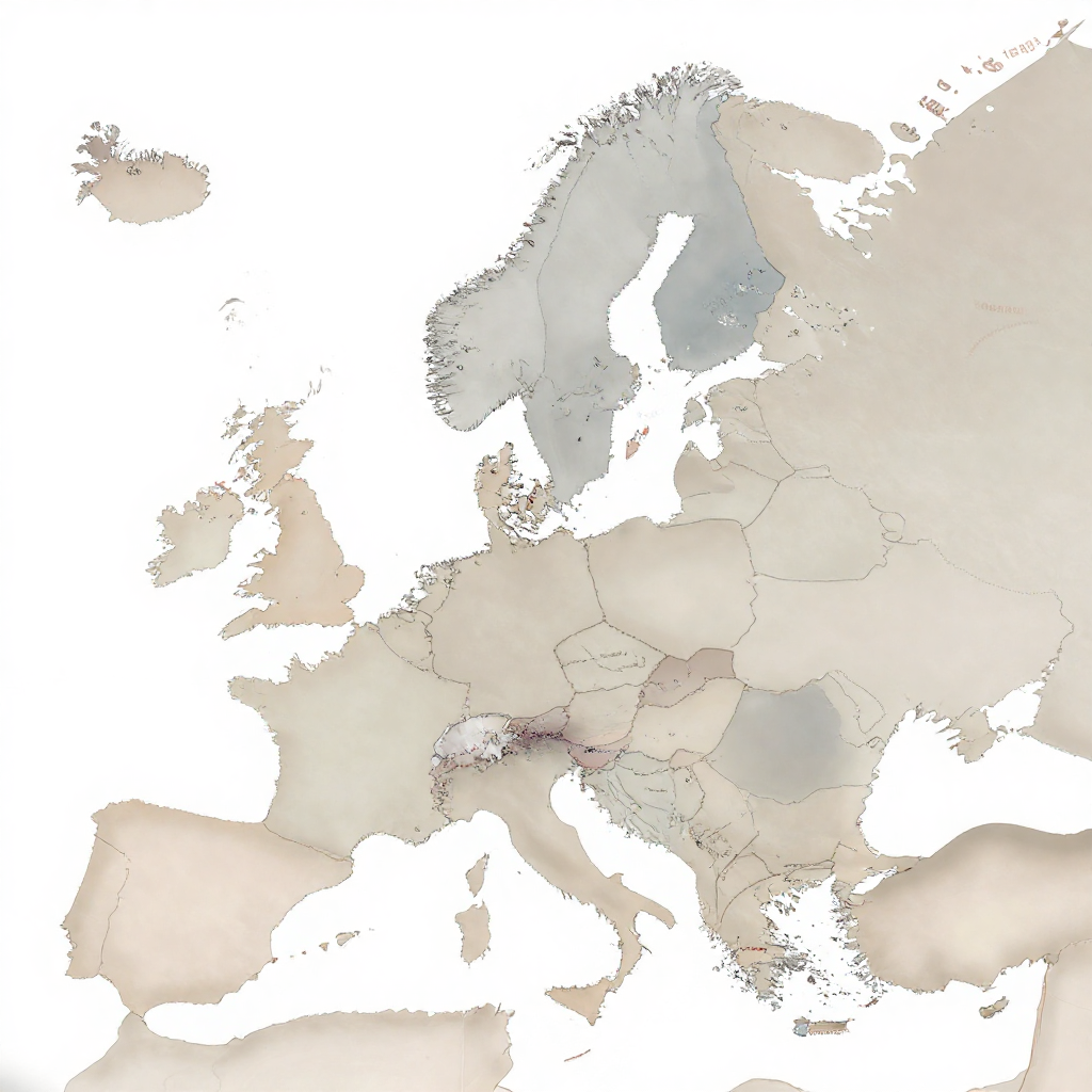 flat color political map, clean cartographic style, muted earth tones, no 3D effects, geographic clarity, professional map illustration, minimal ornamentation, clear typography, restrained color coding, flat 2D map of Europe, its national boundaries rendered in thin, fading ink lines, with subtle blue-gray regions indicating research output; faint red annotation arrows sweep outward from academic hubs toward the edges of the map, labeled 'talent,' 'patents,' 'investment'; a soft gradient pulls the eastern and western edges into shadow, while the center remains pale and static, under even overhead lighting, atmosphere of quiet erosion [Z-Image Turbo]