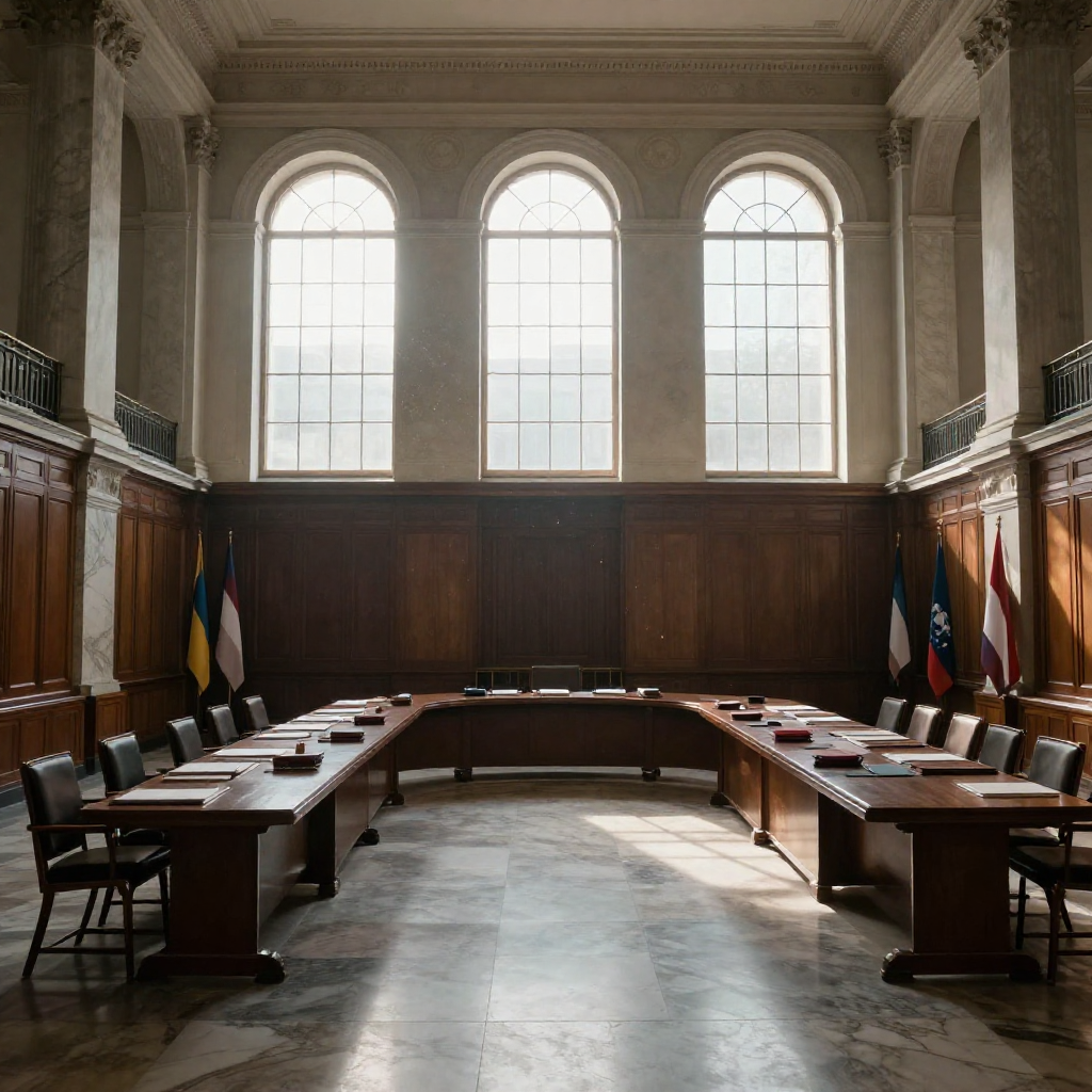 empty formal interior, natural lighting through tall windows, wood paneling, institutional architecture, sense of history and permanence, marble columns, high ceilings, formal furniture, muted palette, an empty marble-floored diplomatic conference chamber, long elliptical table covered in untouched dossiers and folded flags, sunlight streaming through floor-to-ceiling arched windows at dawn, dust motes suspended in the still air, oppressive silence and formal grandeur undercut by vacancy [Z-Image Turbo]