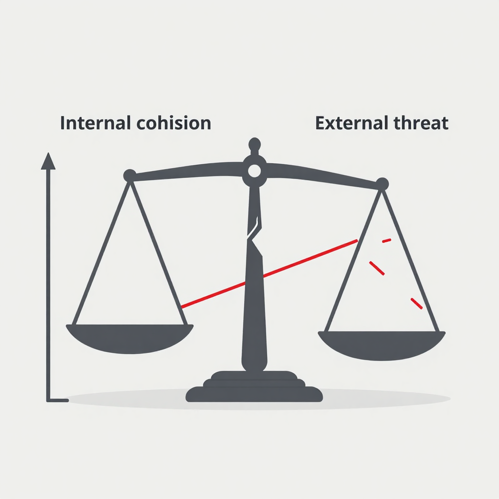 clean data visualization, flat 2D chart, muted academic palette, no 3D effects, evidence-based presentation, professional infographic, minimal decoration, clear axis labels, scholarly aesthetic, a two-dimensional schematic of a cracked balance scale, one side labeled 'internal cohesion' and the other 'external threat', axis lines extending into trend projections, the fulcrum fractured with stress lines radiating outward, minimal color palette of slate gray and warning red, overhead flat lighting, clinical atmosphere of analytical evidence [Z-Image Turbo]