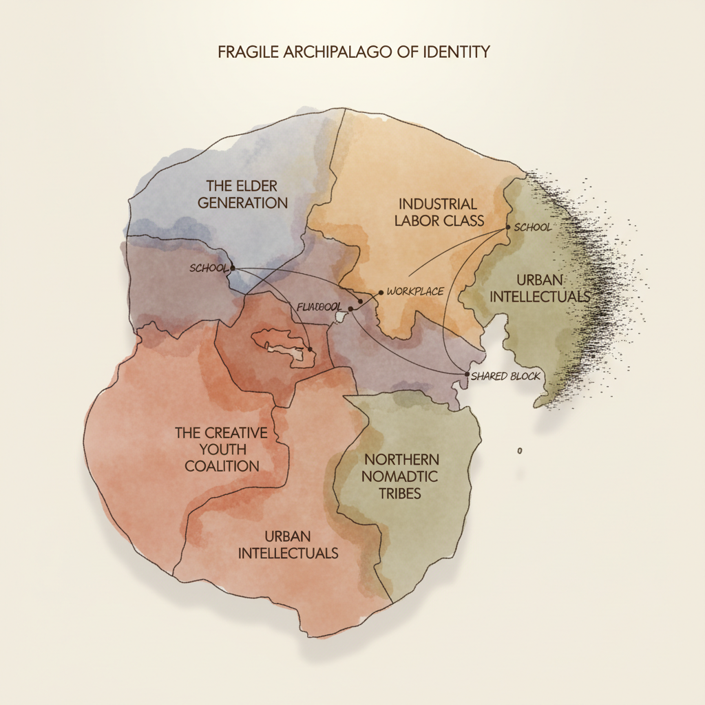 flat color political map, clean cartographic style, muted earth tones, no 3D effects, geographic clarity, professional map illustration, minimal ornamentation, clear typography, restrained color coding, a flat 2D map with hand-drawn borders dividing regions labeled by identity—ethnicity, class, generation—rendered in faint watercolor washes; delicate ink lines bridge the gaps, labeled 'school', 'workplace', 'shared block', drawn like trade routes; one border frays at the edge, ink dissolving into static; soft northward light emphasizes the fragility of the connections; atmosphere of quiet urgency, as if the map is both record and warning [Nano Banana]