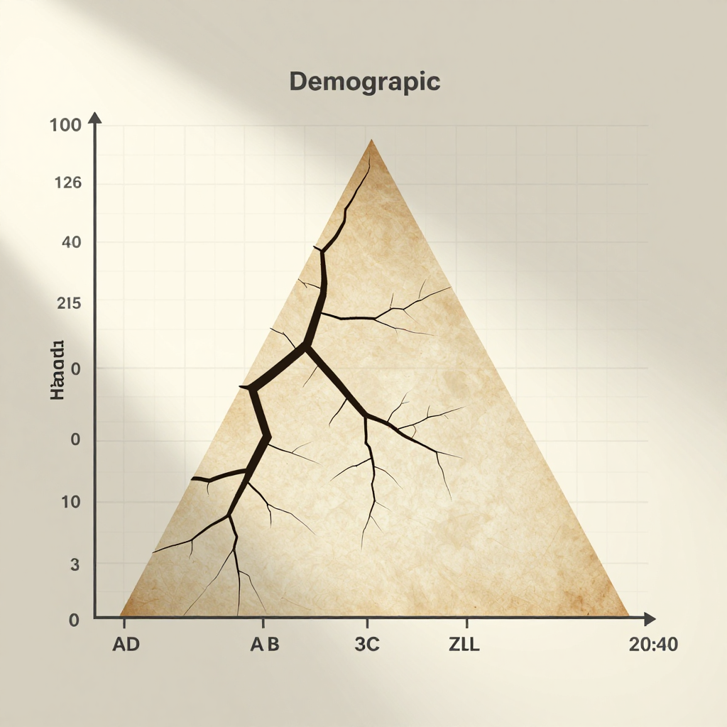 clean data visualization, flat 2D chart, muted academic palette, no 3D effects, evidence-based presentation, professional infographic, minimal decoration, clear axis labels, scholarly aesthetic, a cracked demographic pyramid, inked lines on aged parchment overlaying a modern grid graph, light from upper left casting sharp shadows across fault lines, atmosphere of quiet revelation in a silent archive [Z-Image Turbo]