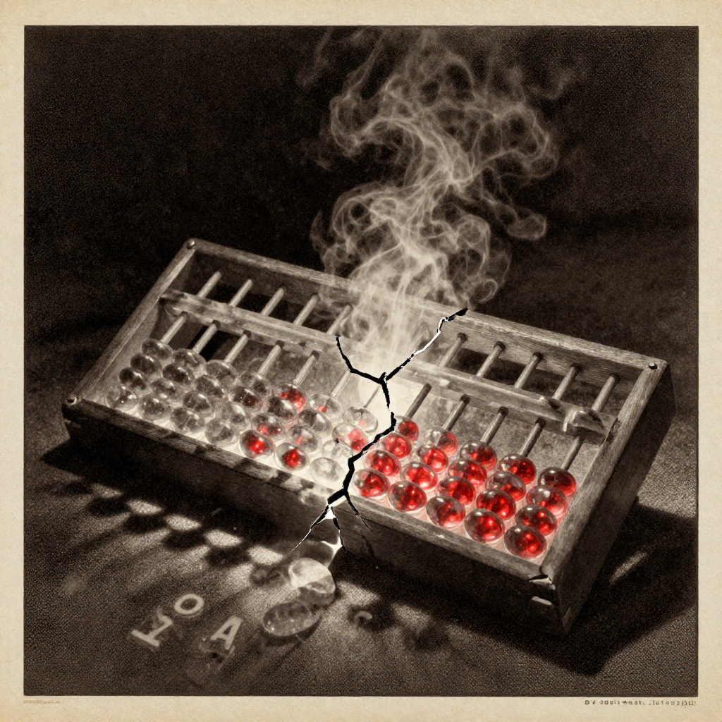 vintage Victorian newspaper photograph, sepia tone, aged paper texture, halftone dot printing, 1890s photojournalism, slight grain, archival quality, authentic period photography, cracked quantum abacus, forged from translucent crystalline silicon with glowing red data beads trapped beneath its surface, fractured along a single hairline fissure emitting a faint pulse of entropic mist, illuminated by sharp side lighting that casts long shadows of binary glyphs across a void-black backdrop, atmosphere of suspended failure—precision holding at the edge of collapse [Z-Image Turbo]