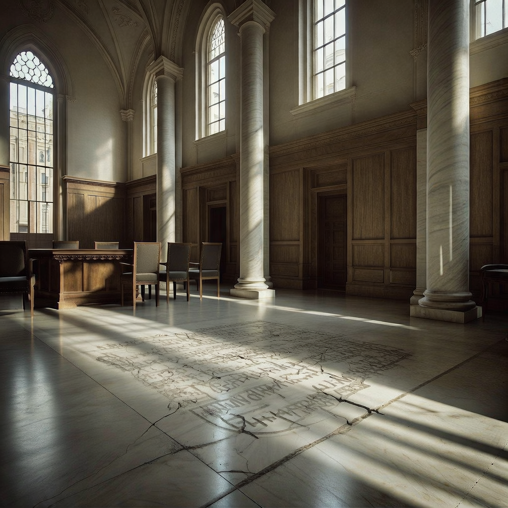 empty formal interior, natural lighting through tall windows, wood paneling, institutional architecture, sense of history and permanence, marble columns, high ceilings, formal furniture, muted palette, a massive, cracked equation etched into a marble council chamber floor, the symbols worn and partially filled with dust, natural light streaming through tall, arched windows at an angle, casting long shadows across the empty room, silence and weight in the air [Bria Fibo]
