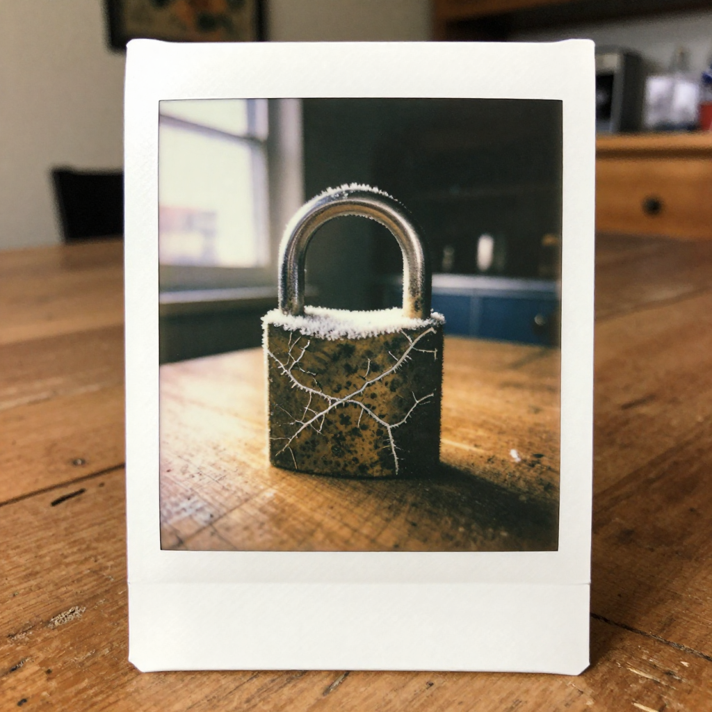 instant Polaroid photograph, vintage 1970s aesthetic, faded colors, white border frame, slightly overexposed, nostalgic lo-fi quality, amateur snapshot, a frost-encrusted padlock with internal dendritic fractures, oxidized iron shell with crystalline silver veins, backlit morning light from the left, resting on a splintered pine table in a quiet kitchen [Z-Image Turbo]