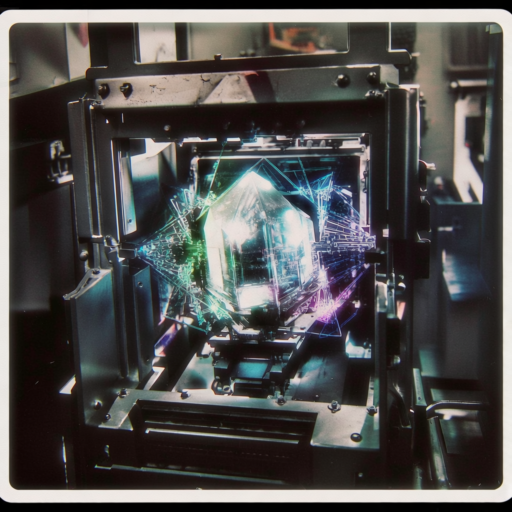 instant Polaroid photograph, vintage 1970s aesthetic, faded colors, white border frame, slightly overexposed, nostalgic lo-fi quality, amateur snapshot, complex quantum computing core with glowing geometric patterns emerging from central crystalline structure, surrounded by dark metallic computational framework, intense directional lighting from above casting sharp highlights and deep shadows, atmosphere of precise scientific discovery amidst technological mystery [bria/fibo/generate]