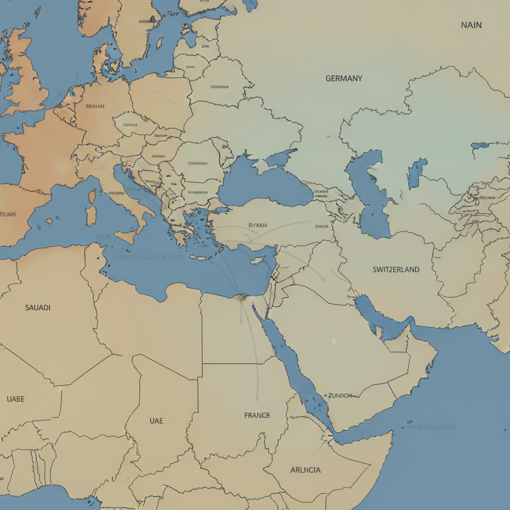 flat color political map, clean cartographic style, muted earth tones, no 3D effects, geographic clarity, professional map illustration, minimal ornamentation, clear typography, restrained color coding, flat 2D political map of the Middle East and Western Europe, clean vector lines defining national boundaries, subtle gradient wash showing economic stability from amber in the Gulf to cool blue in Western Europe, faint translucent arrows flowing westward from Dubai to Zurich and London, annotated with thin, ghosted lines marking 'capital flight routes' and 'visa burn zones', overhead perspective, clinical yet tense atmosphere [Nano Banana]