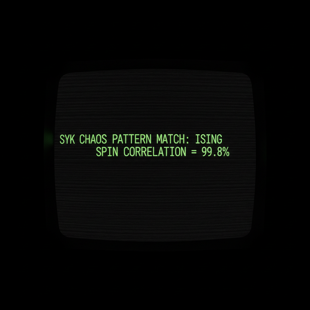 full screen view of monochrome green phosphor CRT terminal display, command line interface filling entire frame, heavy scanlines across black background, authentic 1970s computer terminal readout, VT100 style, green text on black, phosphor glow, screen curvature at edges, "SYK CHAOS PATTERN MATCH: ISING SPIN CORRELATION = 99.8%", monospace green text glowing faintly with scan-line texture, light emitting directly forward from screen, sterile vacuum of blackness surrounding the lone display, atmosphere of quiet revelation in infinite darkness [Nano Banana]