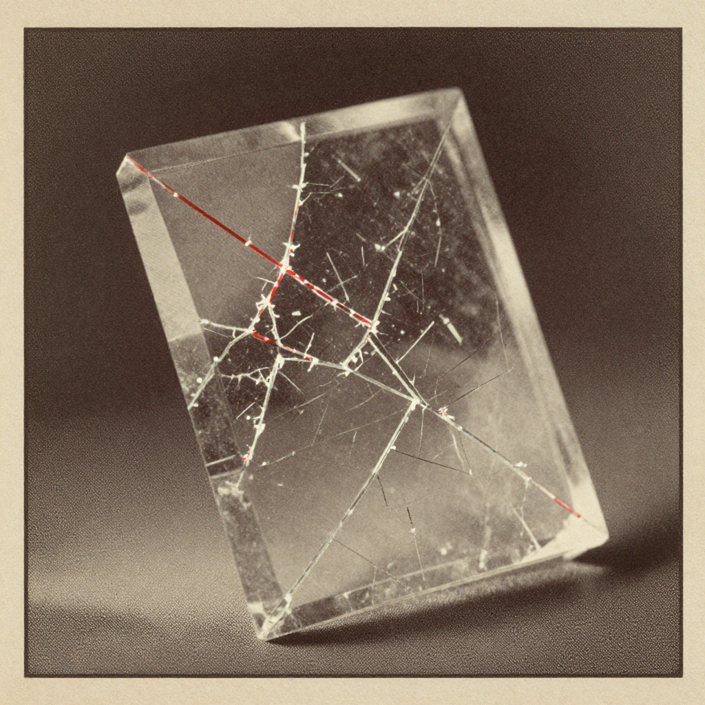vintage Victorian newspaper photograph, sepia tone, aged paper texture, halftone dot printing, 1890s photojournalism, slight grain, archival quality, authentic period photography, a fractured memory prism, forged from translucent obsidian and layered silica, cracked along recursive fault lines glowing with faint, pulsing crimson recursion threads, lit from one side by a cold sliver of angled light, atmosphere of still violation—like a vault that was never breached, yet stands open from within [Z-Image Turbo]