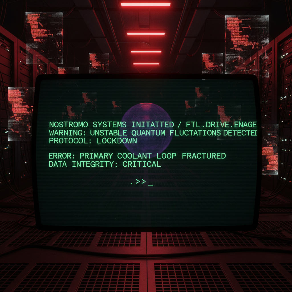 full screen view of monochrome green phosphor CRT terminal display, command line interface filling entire frame, Nostromo aesthetic, heavy scanlines across black background, authentic 1970s computer terminal readout, VT100 style, green text on black, phosphor glow, screen curvature at edges, A futuristic server room with holographic blockchain node visualizations, some displays showing fractured data streams and cascading error glyphs, a central illuminated quantum core glowing ominously, dramatic overhead emergency lighting casting long, sharp shadows across the floor, an atmosphere of silent, urgent alarm. [fal-ai/nano-banana]